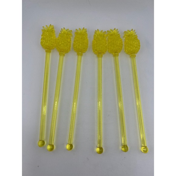 Yellow Decorative Pineapple Shaped Cocktail Drink Swizzle Sticks - Pack of 6 - Picture 1 of 6